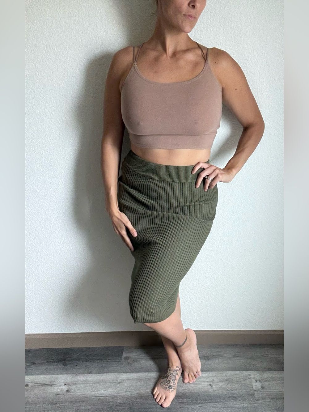 Calvin Klein Ribbed Bodycon Pull On Midi Skirt Olive Green